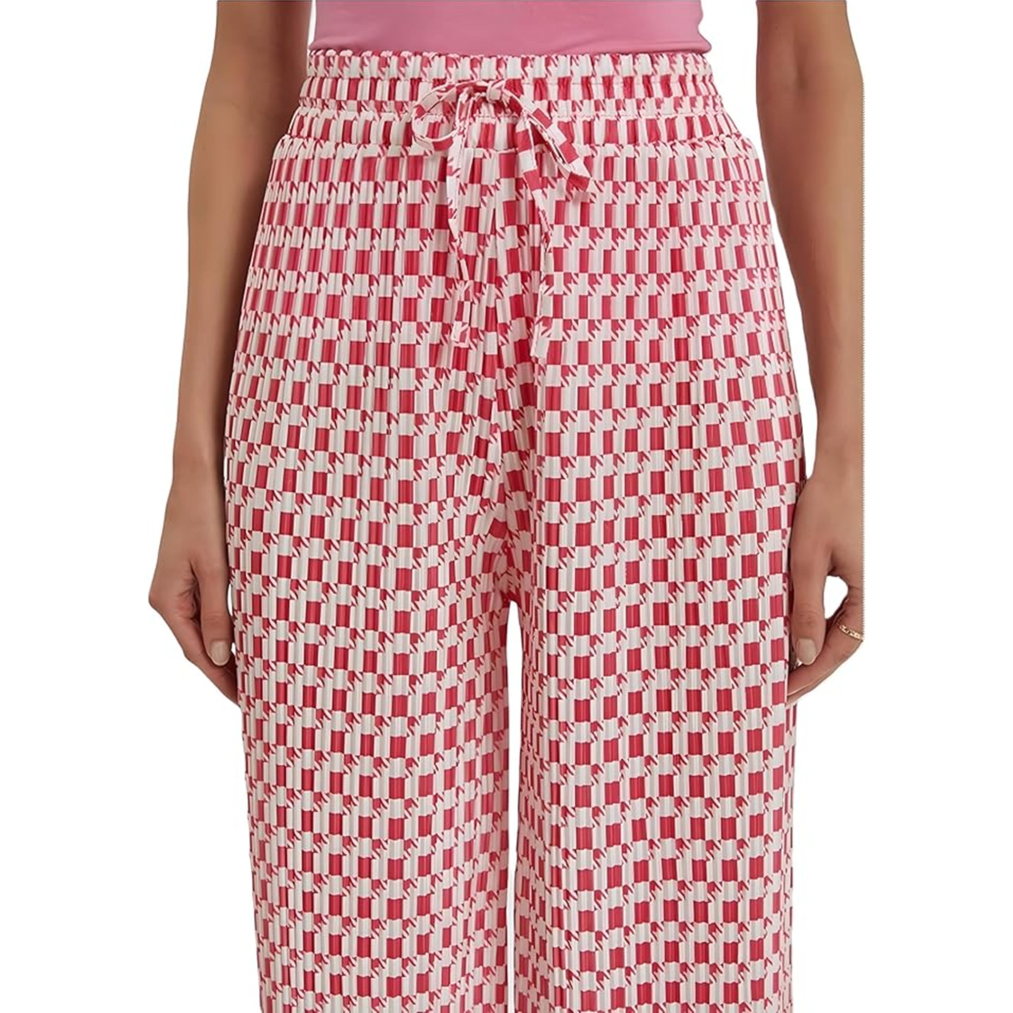 Ladies fuchsia pink and White Check Design Palazzo Trousers – Wide Leg Lightweight Summer Pants